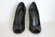 Load image into Gallery viewer, GIANVITO ROSSI Ladies Black Sequin High Heel Peep Toe Pumps Shoes UK3.5 EU36.5