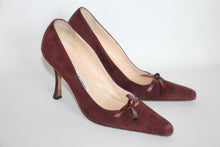 Load image into Gallery viewer, MANOLO BLAHNIK Ladies Burgundy Suede High Heel Bow Pumps Shoes UK4 EU37