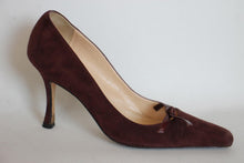 Load image into Gallery viewer, MANOLO BLAHNIK Ladies Burgundy Suede High Heel Bow Pumps Shoes UK4 EU37