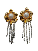 Load image into Gallery viewer, STERLING KING Ladies Gold-Tone Titania Pearl Crystal Fringe Earrings OS NEW