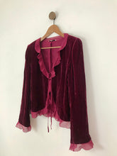Load image into Gallery viewer, Laura Ashley Women’s Silk Frill Velvet Cardigan | UK10 | Burgundy Red