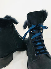 Load image into Gallery viewer, Russell & Bromley Women’s Leather Fur Combat Boots | 39.5 UK6.5 | Navy Blue