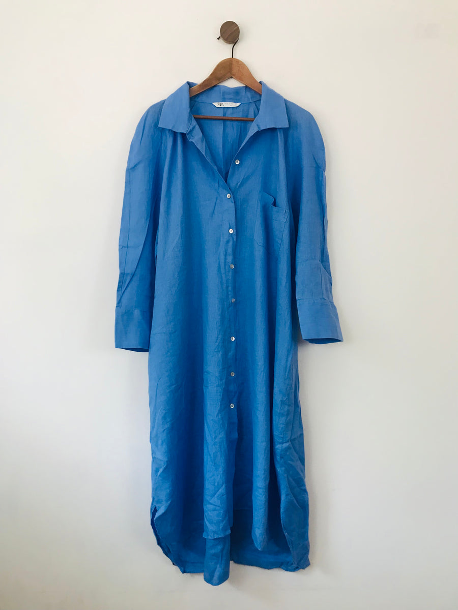 zara blue linen shirt dress Women's Maxi | XXL UK18 Collection::fallwinter24 Size:US 18 | EU 50 (5XL) Exclusive LEO LIN Tulip Blue One Shoulder Beaded