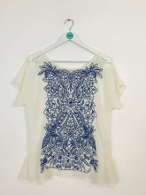 Load image into Gallery viewer, Baraschi Womens Embroidered Sheer Blouse | M | White Blue