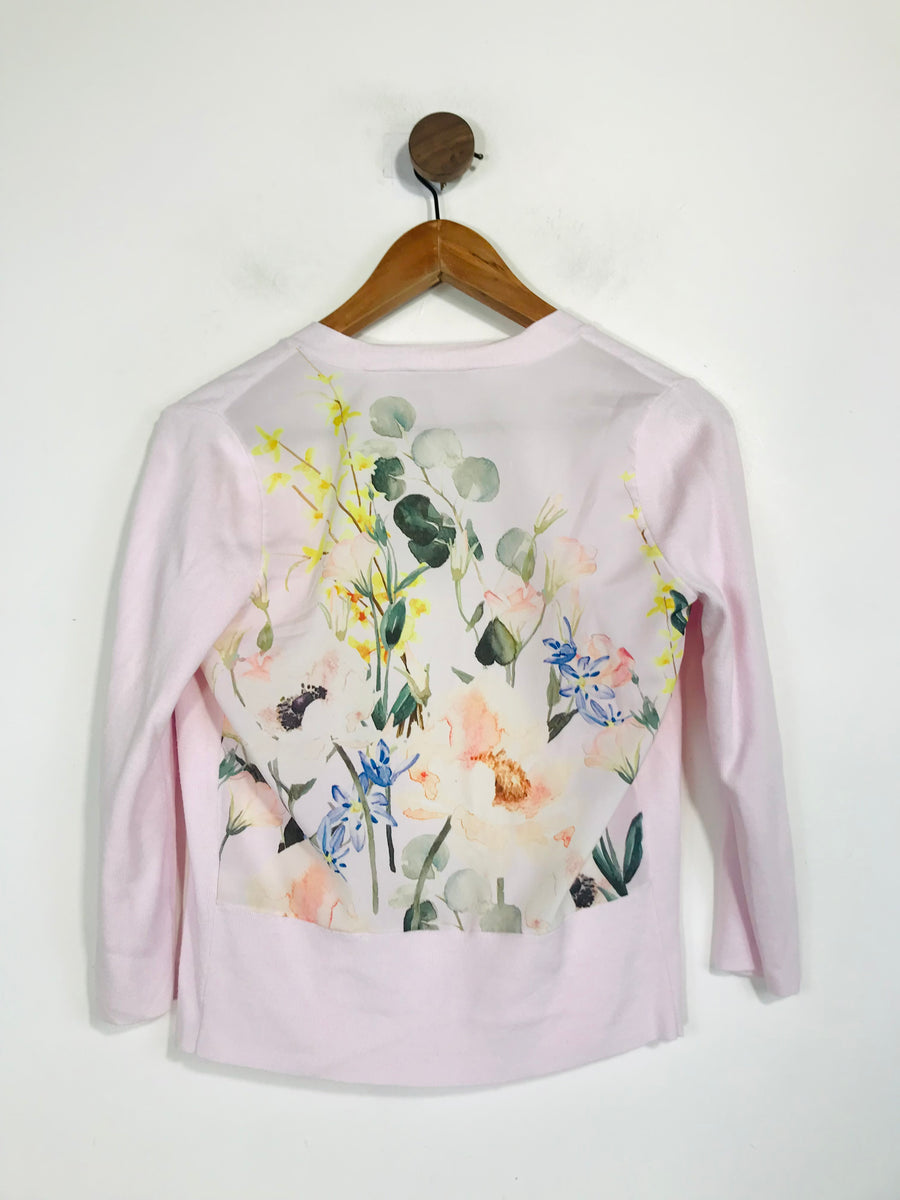 TED BAKER ノーカラージャケット ピンク サイズ0 Ted Baker Pink Sweater With Embellished White Flower Collar