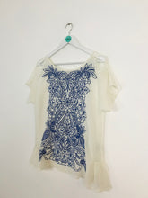 Load image into Gallery viewer, Baraschi Womens Embroidered Sheer Blouse | M | White Blue
