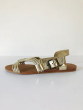 Load image into Gallery viewer, Zara Women’s Metallic Leather Gladiator Sandals Flats | 38 UK5 | Gold