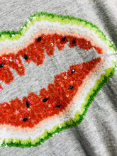 Load image into Gallery viewer, Marcus Lupfer Women's Watermelon Lips Sequin Embellished T-Shirt | M UK10-12 | Grey