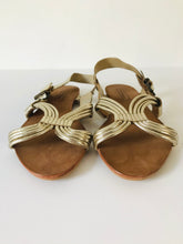 Load image into Gallery viewer, Zara Women’s Metallic Leather Gladiator Sandals Flats | 38 UK5 | Gold