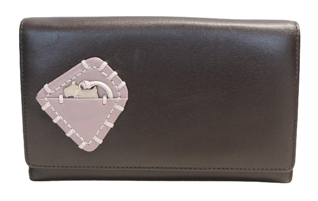 RADLEY Ladies Brown Leather Pink Patch Logo Bifold Wallet Bag 16 x 10 x 2cm