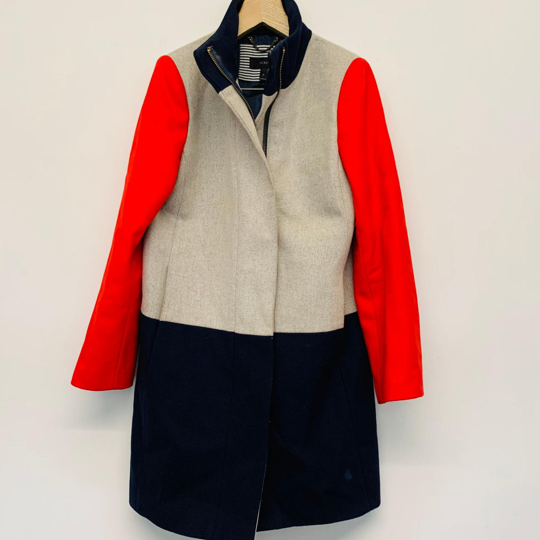 J.CREW Ladies Beige Block Colour Red Navy Wool Smart Coat Overcoat UK8