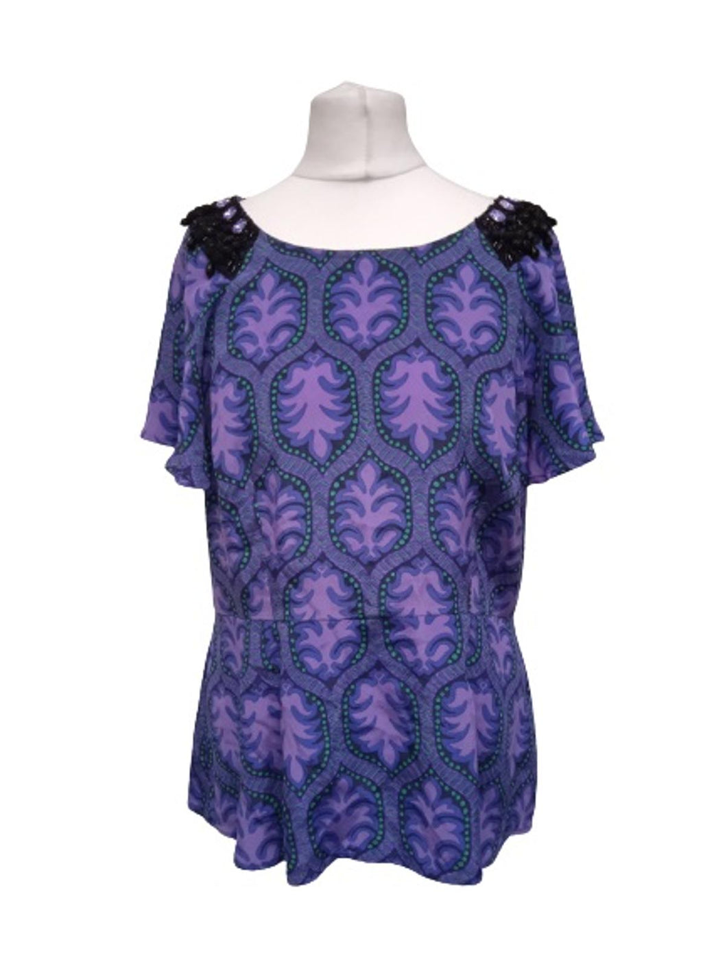 TRACY RESSE Ladies Purple & Green Silk Short Sleeve Embellished Top Size M