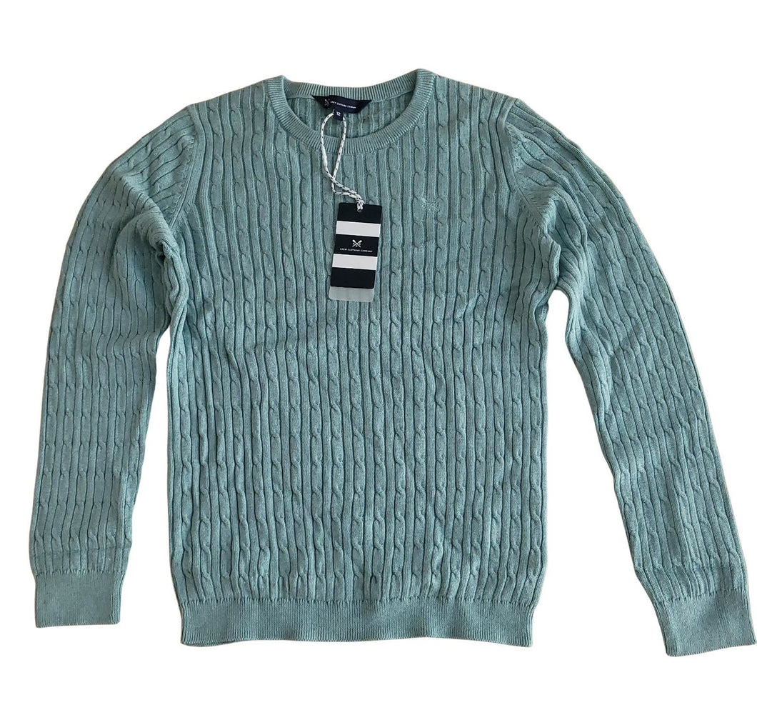 CREW CLOTHING Jumper Heritage Crew Neck Cable Knit Seapine Blue UK12 RRP55