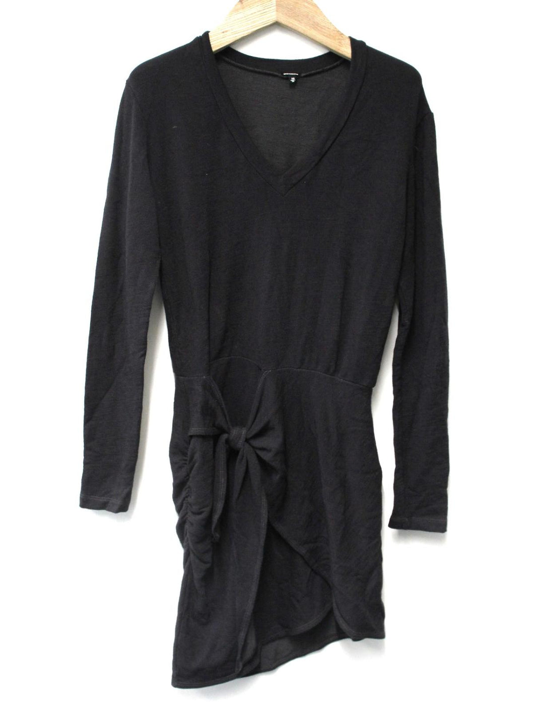 MONROW Ladies Black Cotton Blend Tie Waist V-Neck Mini Dress Size XS
