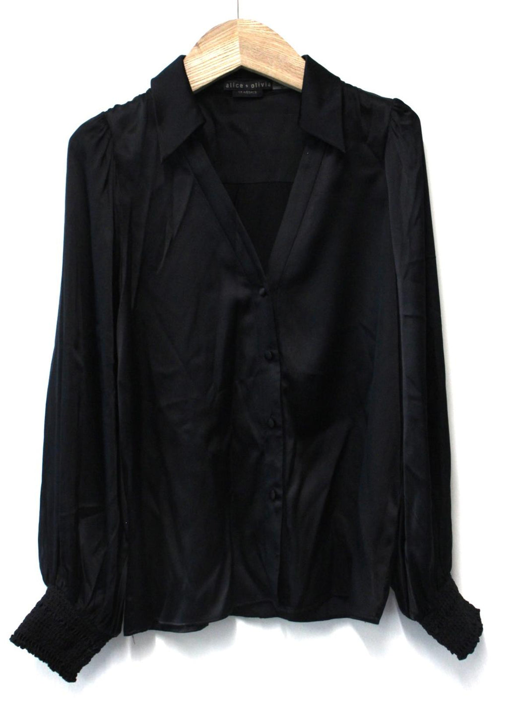 ALICE  OLIVIA Ladies Black Silk Blend Satin Elastic Cuff Blouse Shirt Size S