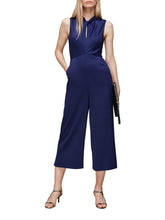 Load image into Gallery viewer, WHISTLES Ladies Navy Blue Keyhole Hammered Satin Twist Jumpsuit UK6 RRP199 NEW
