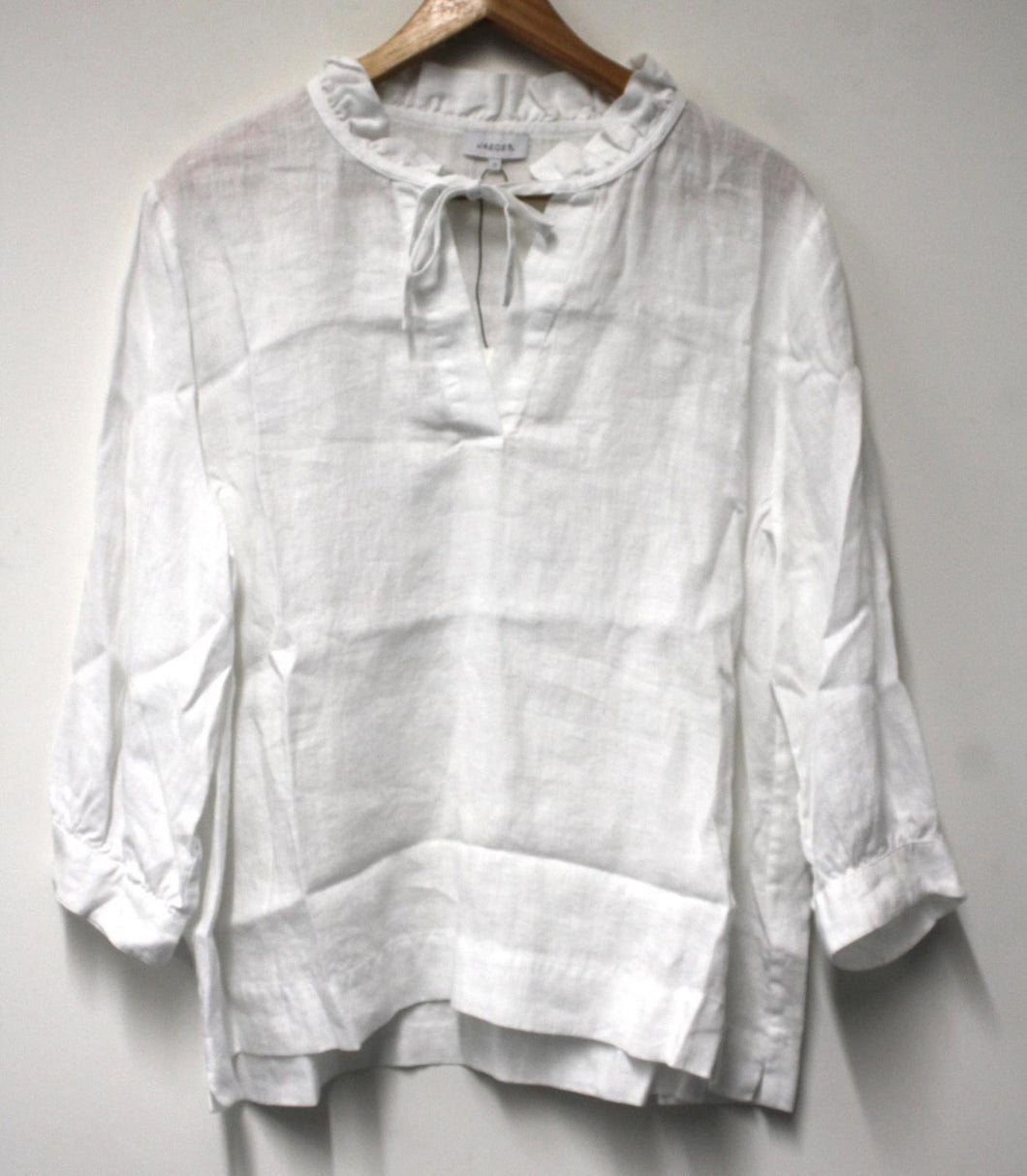 JAEGER Ladies White Linen Frilled Tie Neck Long Sleeve Blouse UK18 NEW
