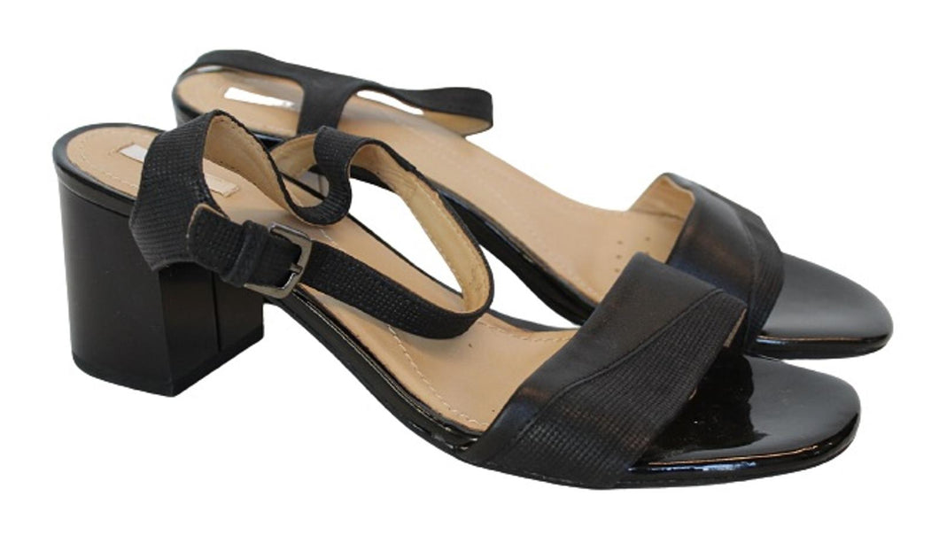 GEOX Ladies Black Leather/Patent Ankle Strap Block Heel Sandals EU39 UK6