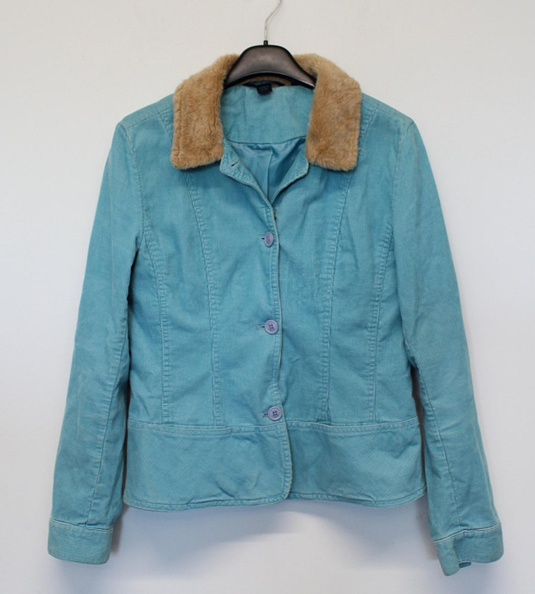 BODEN Ladies Aqua Blue Faux Fur Collar Pure Cotton Corduroy Jacket UK14 NEW