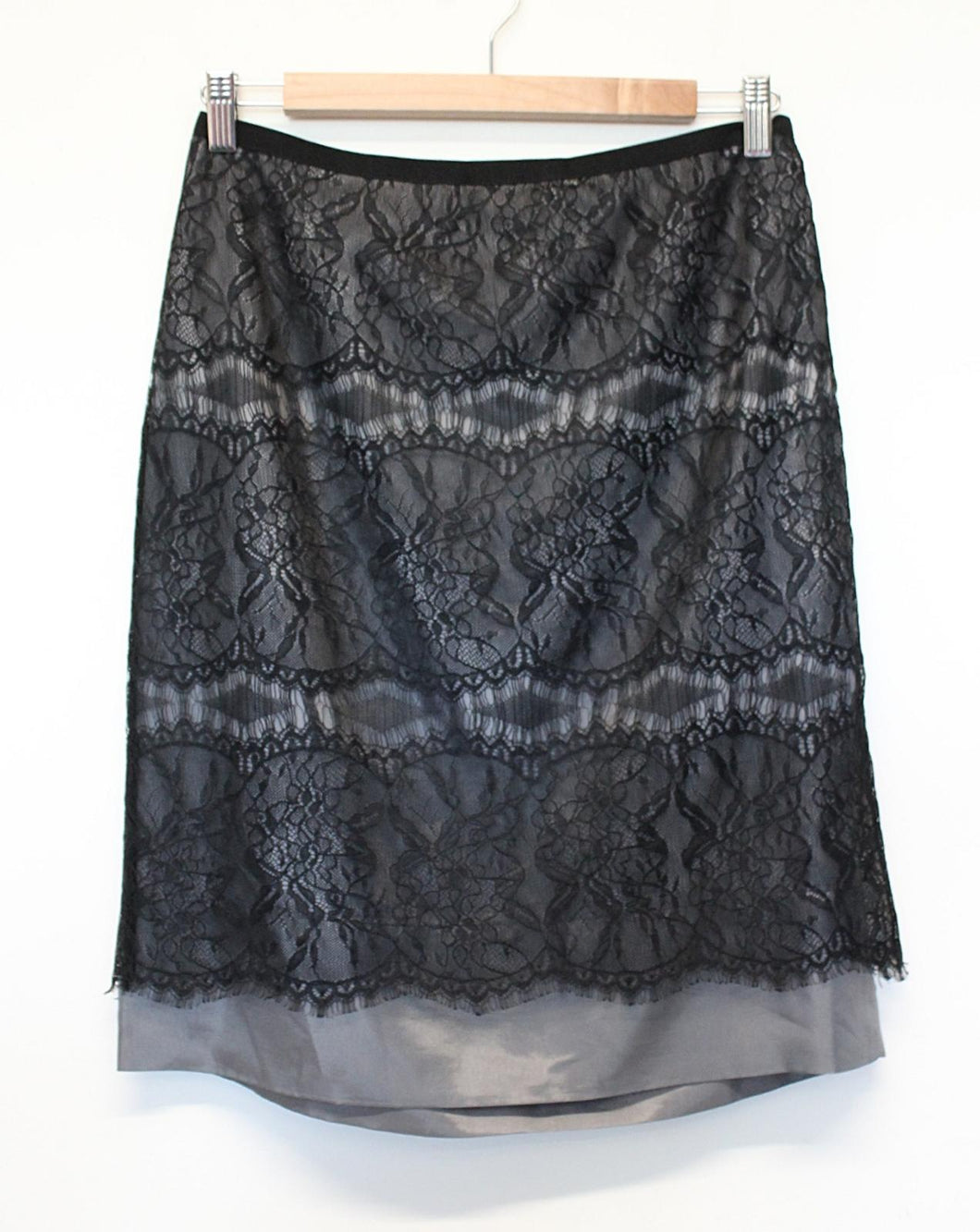 PLANET Ladies Black Side Zip Lace Pencil Skirt w Silver Satin Lining UK10 EU36