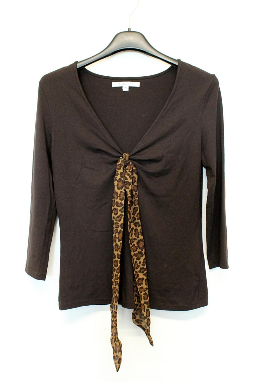 L.K BENNETT Ladies Dark Brown V-Neck Front Leopard Print Tie Stretch Top S