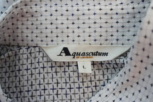 Load image into Gallery viewer, AQUASCUTUM Ladies White Blue Grey Cross Pattern Double Cuff Cotton Shirt L
