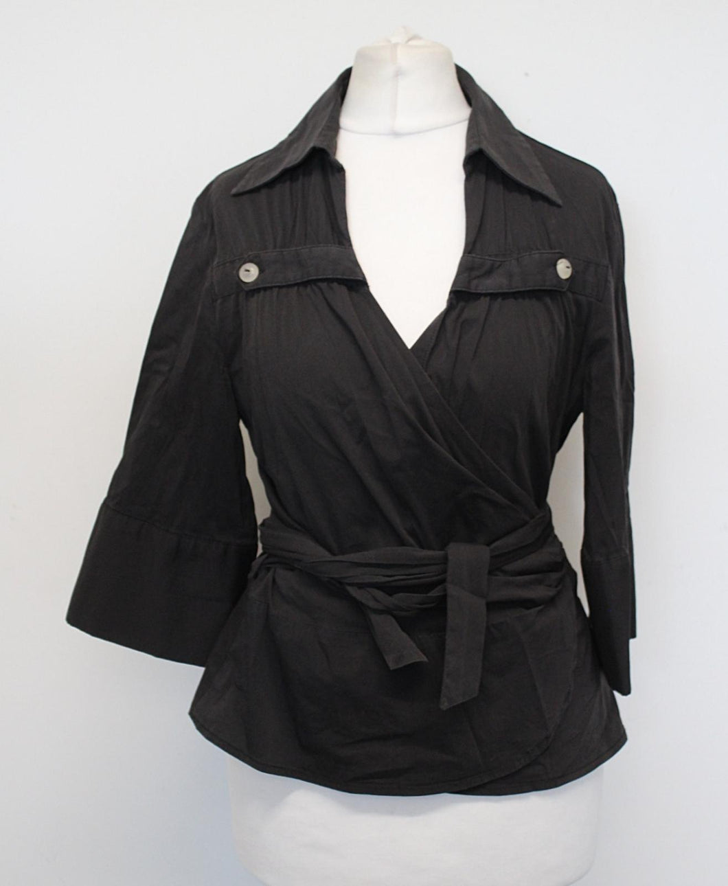 STICKY FINGERS Ladies Black Collared V-Neck Stretch Wrap Shirt w Cufflinks UK12