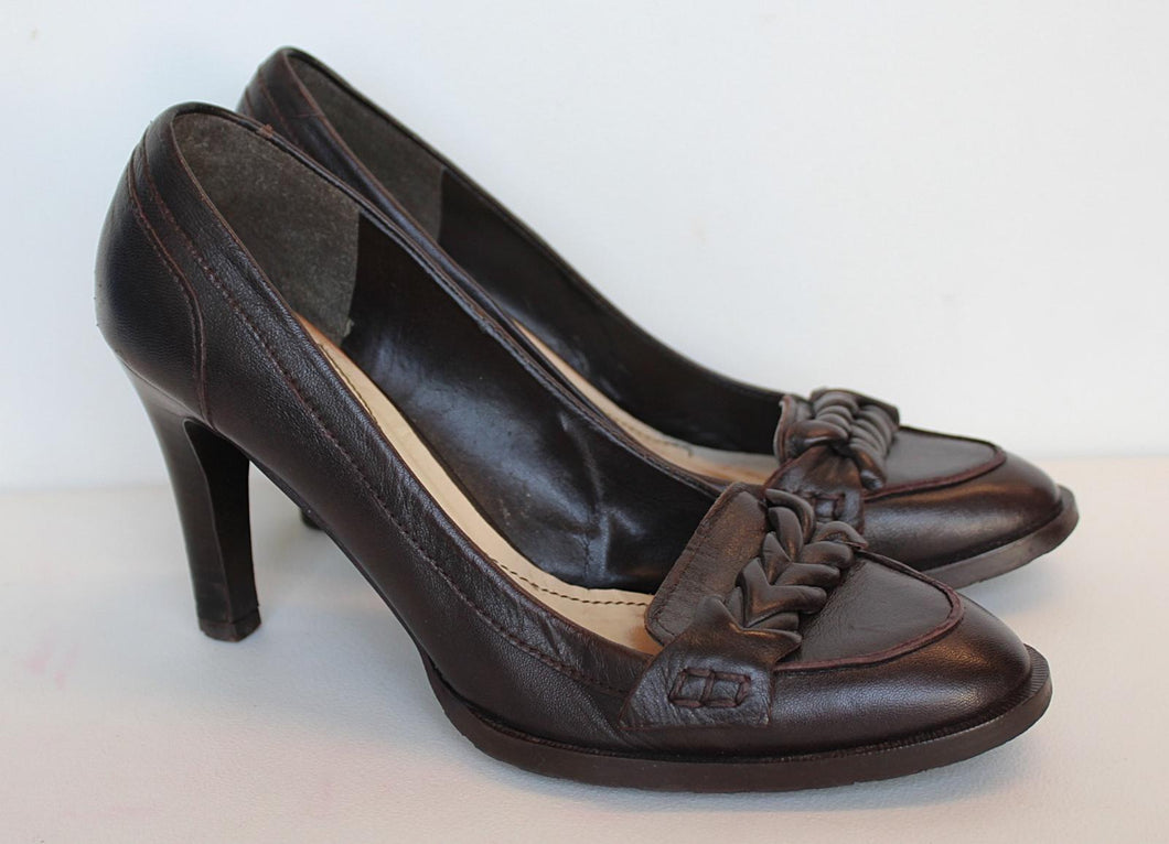 ZARA Ladies Dark Brown Leather High Heels Slip On Court Shoes Size EU39 UK6