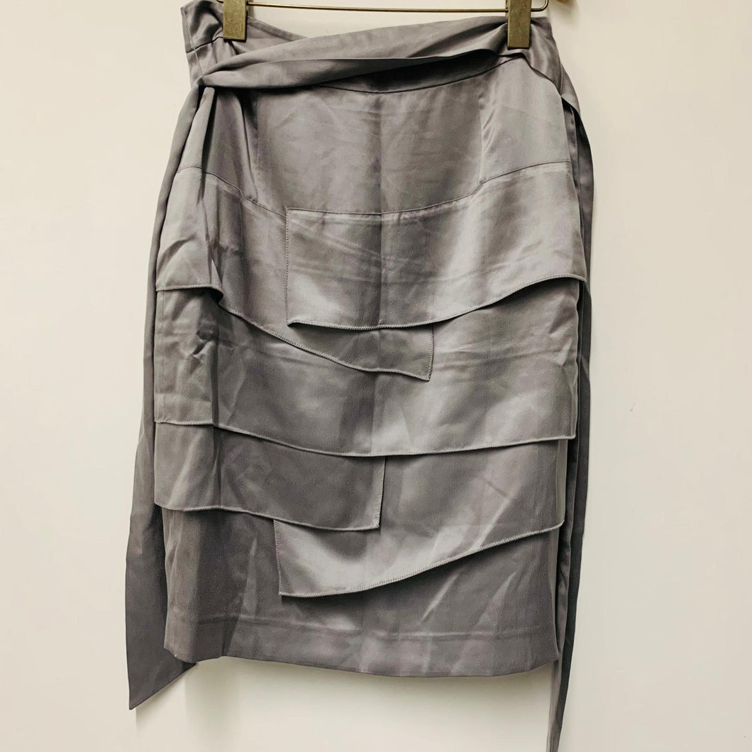JAEGER Grey Gunmetal Ladies Silk Belted Layered A-Line Skirt Size UK 10