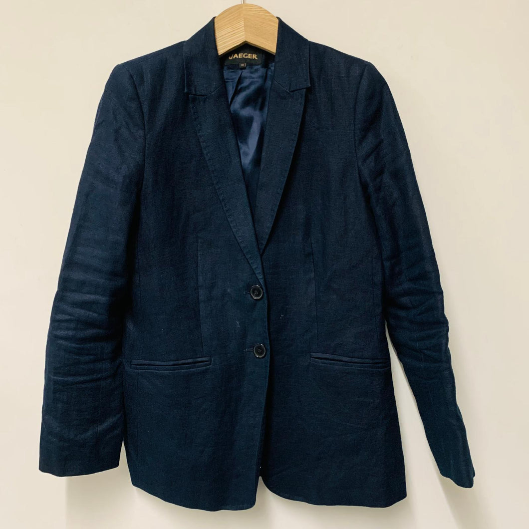 JAEGER Navy Blue Ladies Long Sleeve Linen Collared Basic Jacket Blazer UK 10