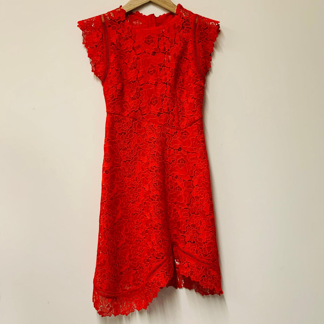 REISS Red Ladies Sleeveless Round Neck A-Line Midi Netted Lace Dress Size UK 12