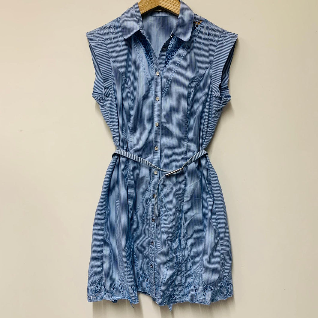 KAREN MILLEN Blue Ladies Sleeveless Collared Shirt Dress Striped Size UK 14