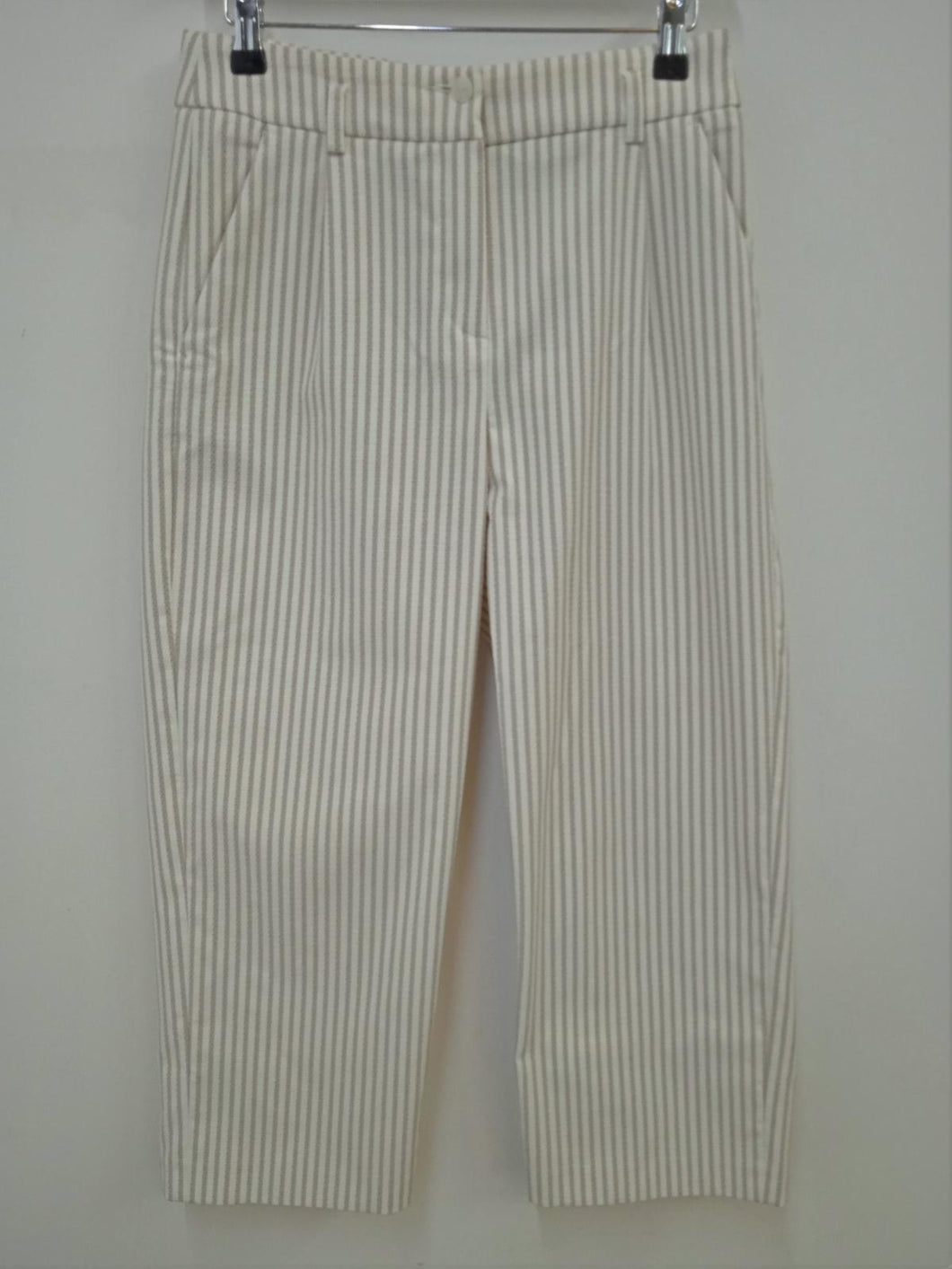 PETER HAHN Ladies Beige Cotton Blend Striped Cropped Trousers UK10 W28 L21