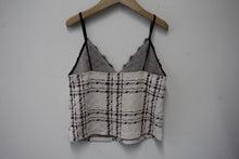Load image into Gallery viewer, ZARA Ladies Beige Check Print Cotton Blend Lace Trim Cropped Top Size S NEW
