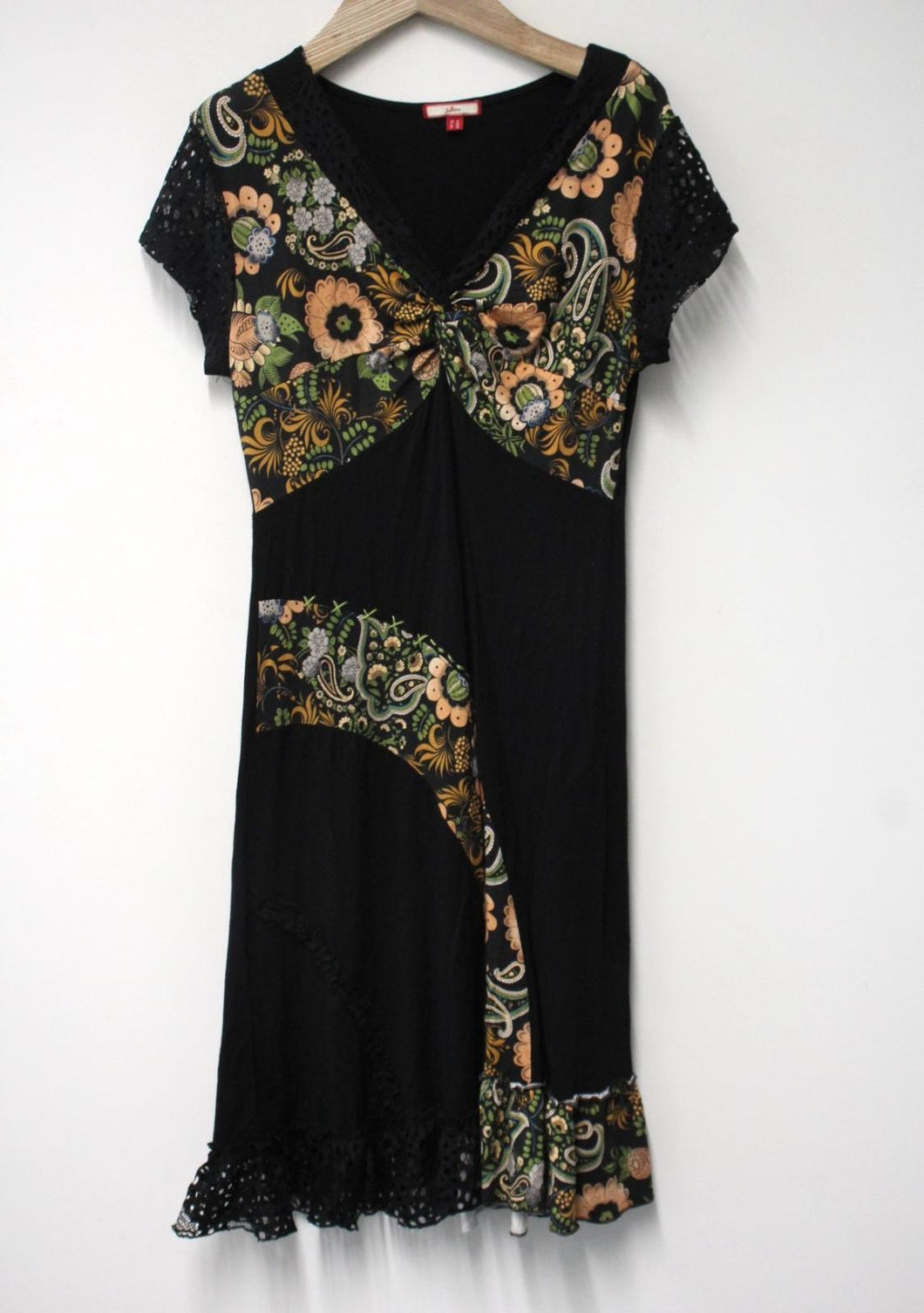 JOE BROWNS Ladies Black Floral Print Lace Trim Knee Length Dress Size UK14