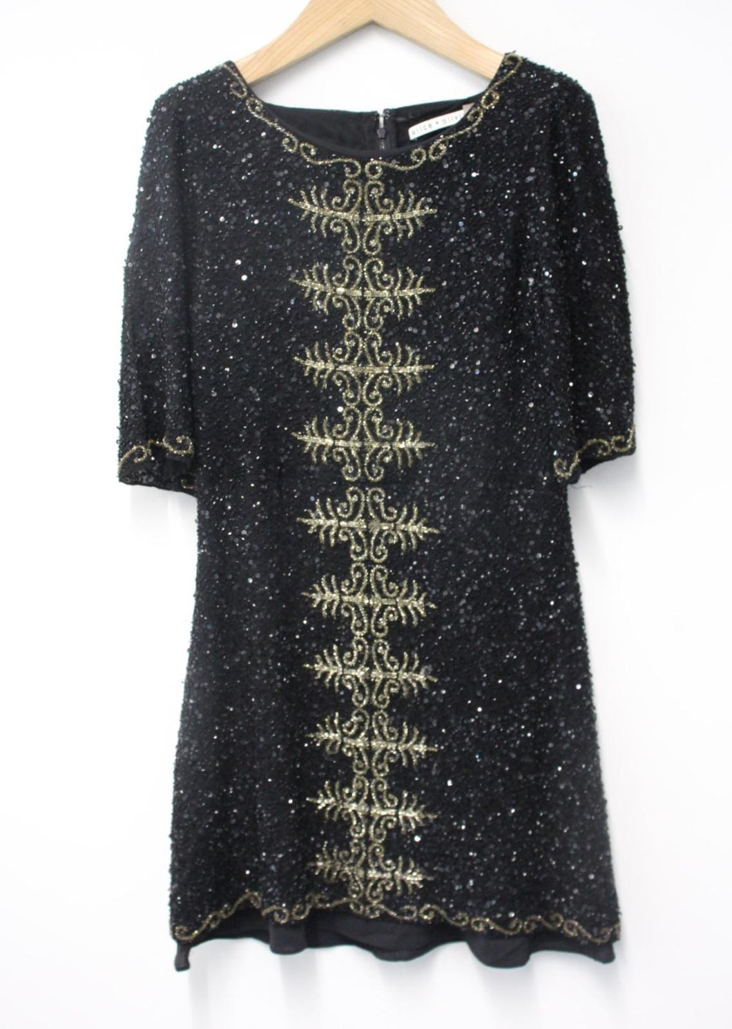 ALICE  OLIVIA Ladies Black Silk Sequined Short Sleeve Mini Dress US4 UK8