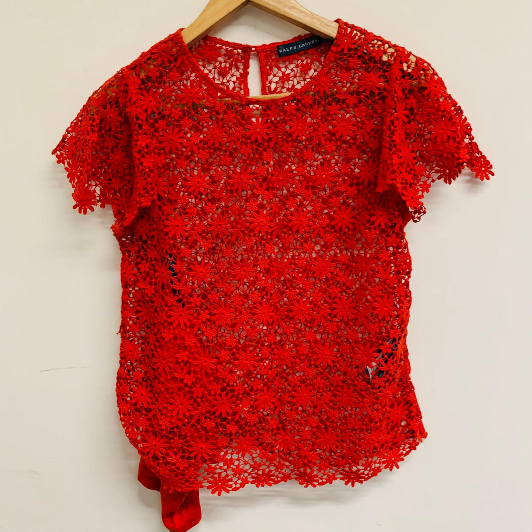 RALPH LAUREN Ladies Red Mesh Floral Net Top Short Sleeve Blouse Tshirt S