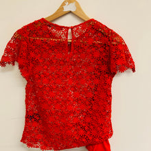 Load image into Gallery viewer, RALPH LAUREN Ladies Red Mesh Floral Net Top Short Sleeve Blouse Tshirt S
