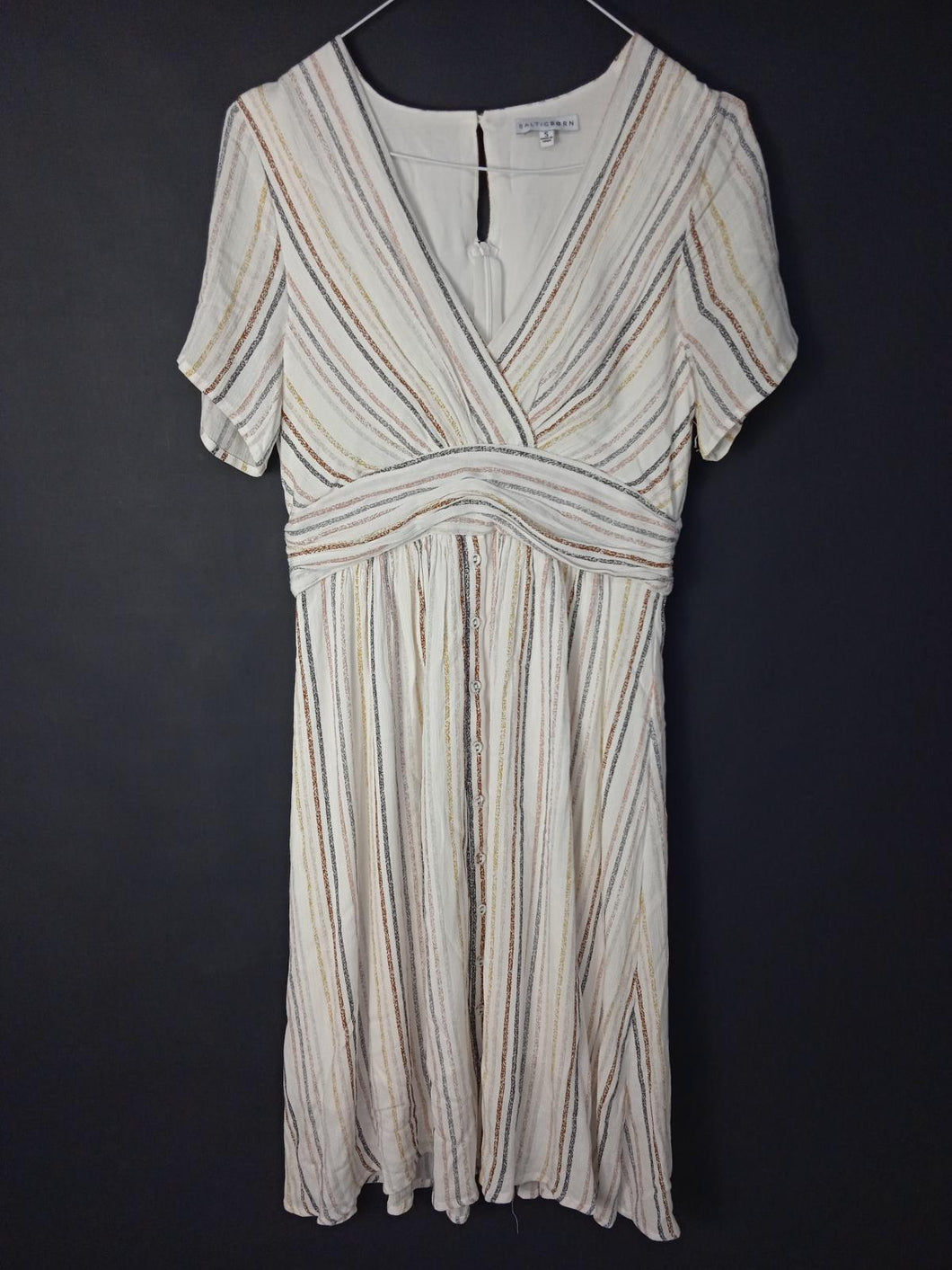BALTIC BORN Ladies White Striped Short Sleeve V-Neck Knee Length A-Line Dress S