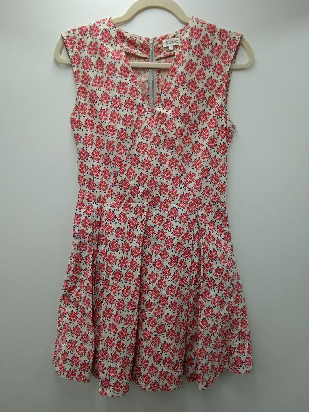 SUNO Ladies Beige & Pink Floral Print Sleeveless Fit & Flare Dress US4 UK8