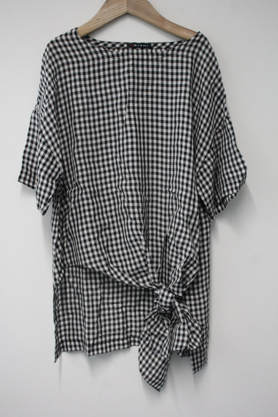 OKISHI Ladies Black & White Check Print Asymmetric Front Tie Waist Top UK16