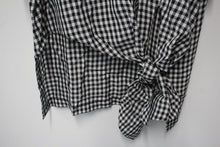 Load image into Gallery viewer, OKISHI Ladies Black &amp; White Check Print Asymmetric Front Tie Waist Top UK16
