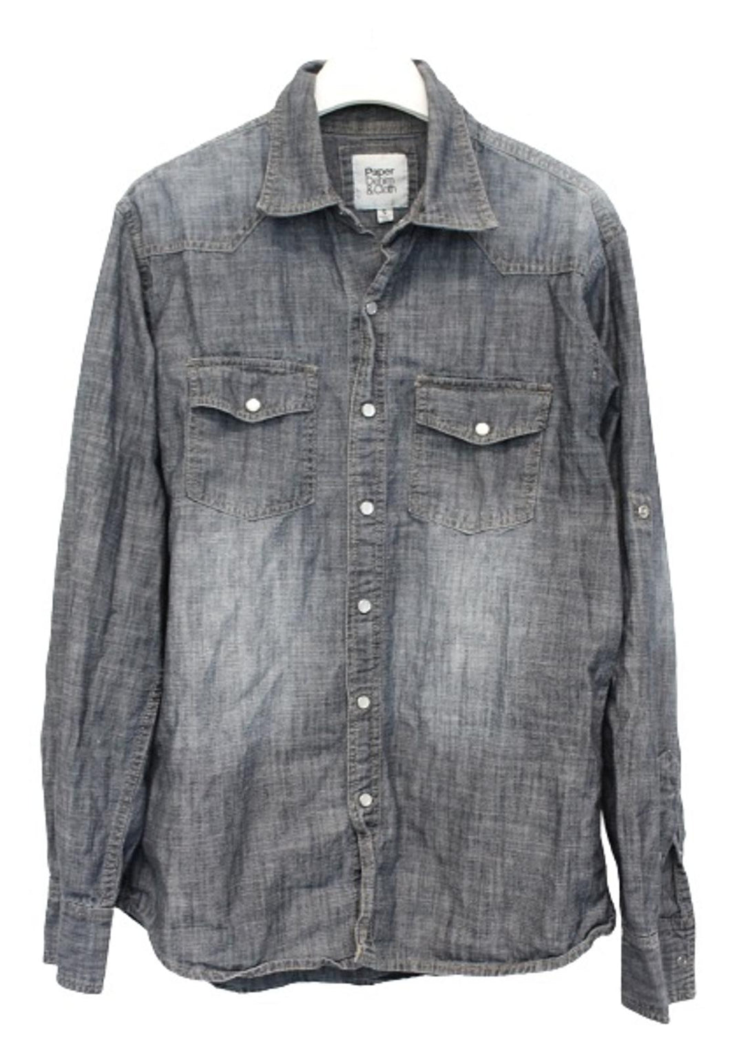 PAPER DENIM & CLOTH Men's Grey Blue Snap On Pure Cotton Shirt w Pockets S