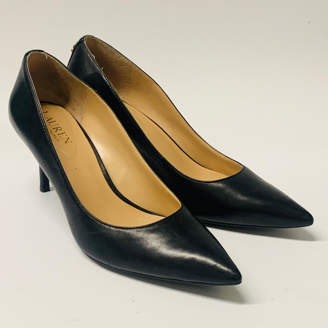 LAUREN RALPH-LAUREN Ladies Black Point Lanette Hi-Heel Leather Court Shoe UK7.5