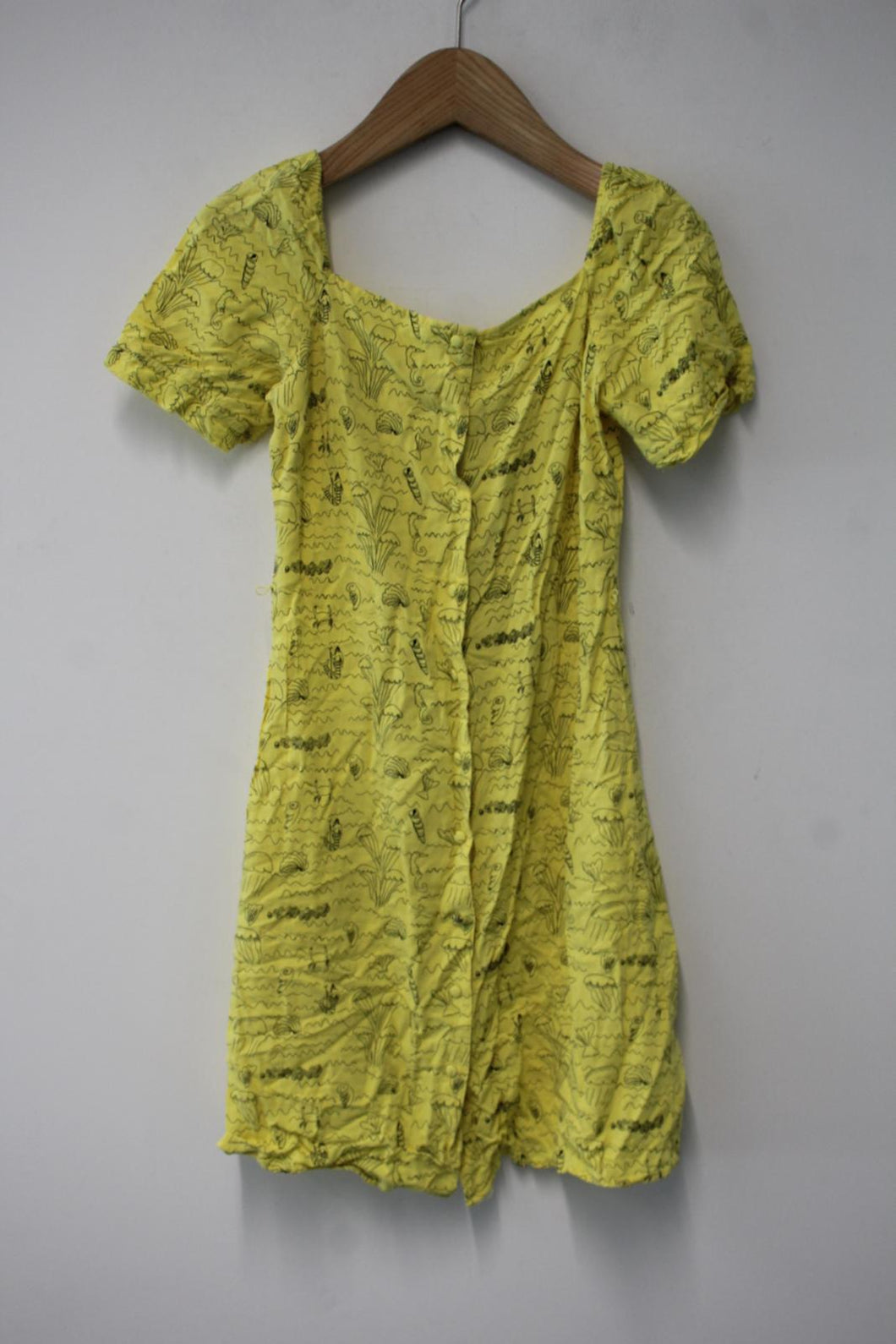 WAREHOUSE Ladies Yellow Seafood Print Short Sleeve Mini Dress Size UK6