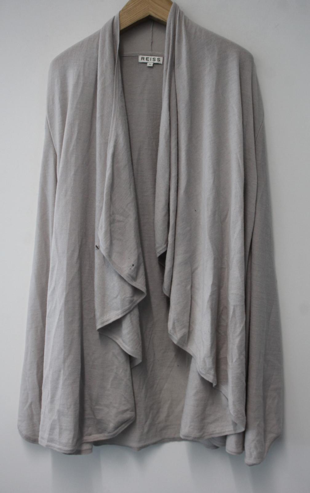 REISS Ladies Light Grey Merino Wool Blend Open Front Longline Cardigan Size XS