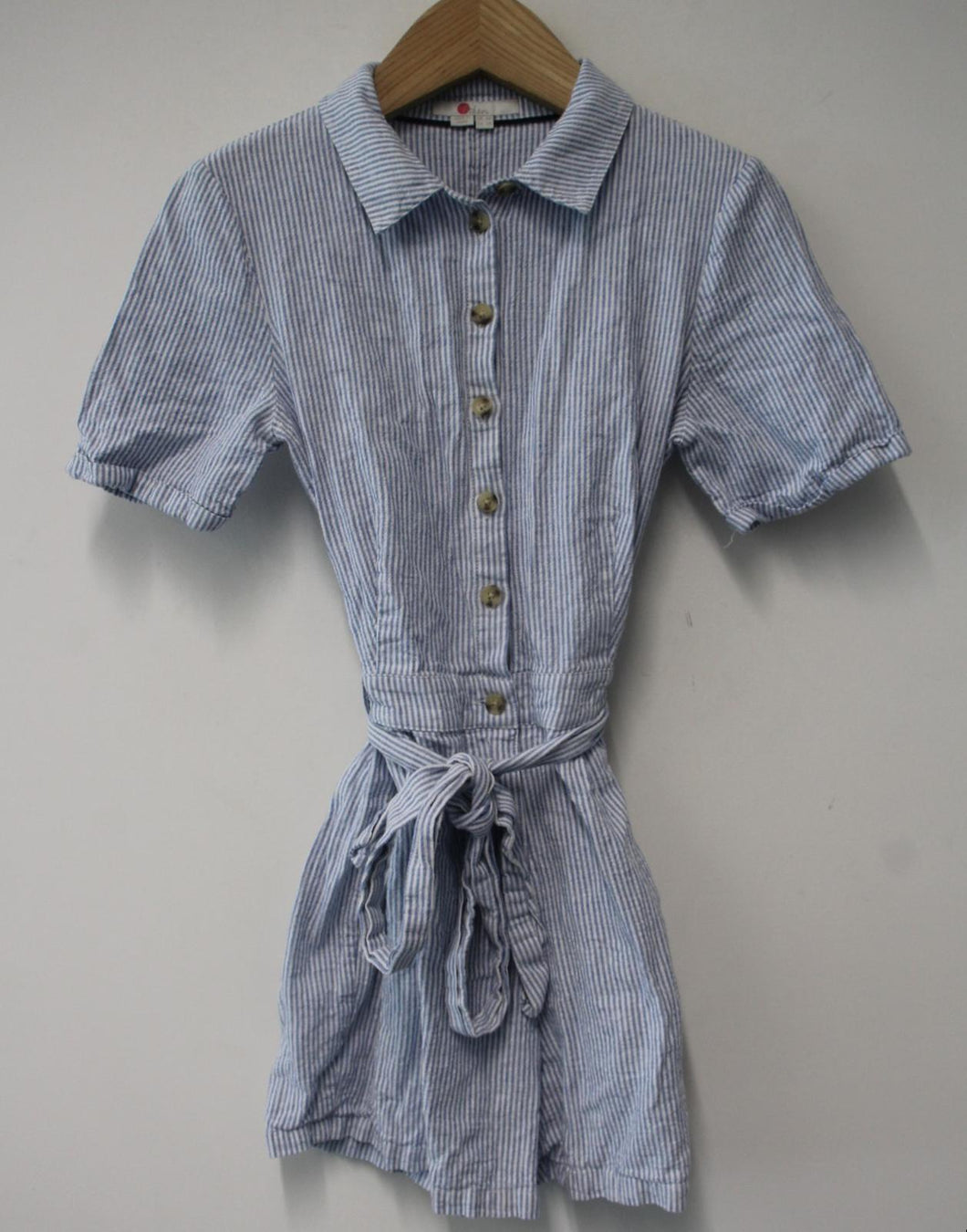 BODEN Ladeis Blue & White Stripe Linen Cotton Blend Belted Mini Shirt Dress UK6