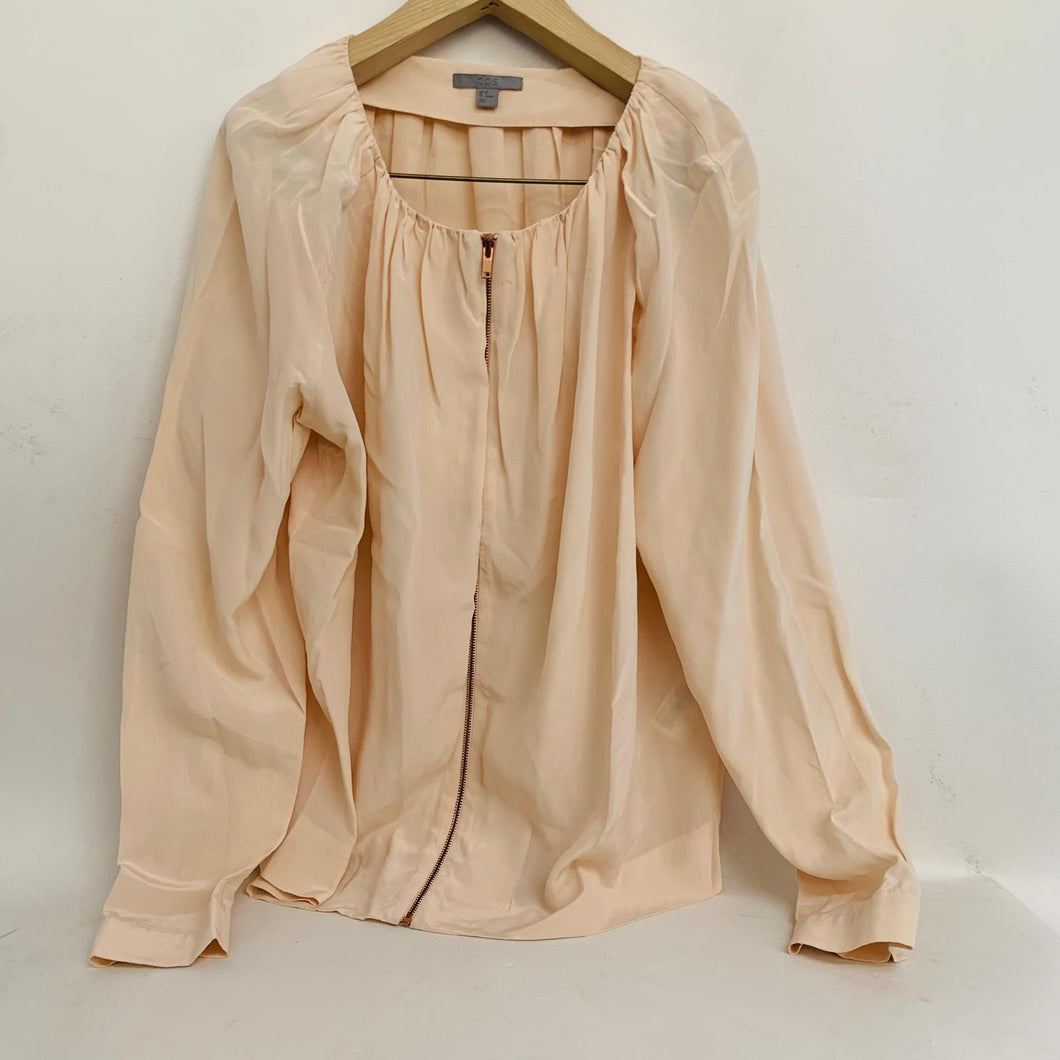 COS Pink Ladies Long Sleeve Round Neck Zip Through Silk Blouse Shirt Top UK 10