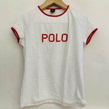 Load image into Gallery viewer, POLO White Ladies Short Sleeve Red Trim Round Neck T-Shirt Top UK M
