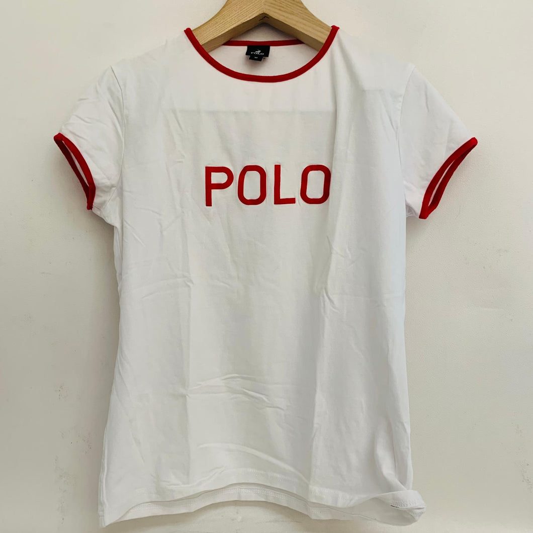 POLO White Ladies Short Sleeve Red Trim Round Neck T-Shirt Top UK M